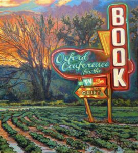 a field at sunset with a neon sight that reads Oxford Conference for the Book